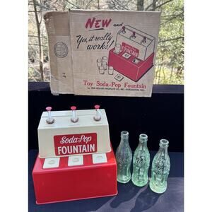 Vintage 1950's Trim Toys Soda Pop Fountain Dispenser With Box & Bottles